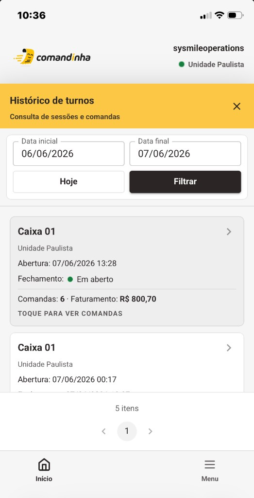 Histórico de turnos com filtro por data e resumo de comandas