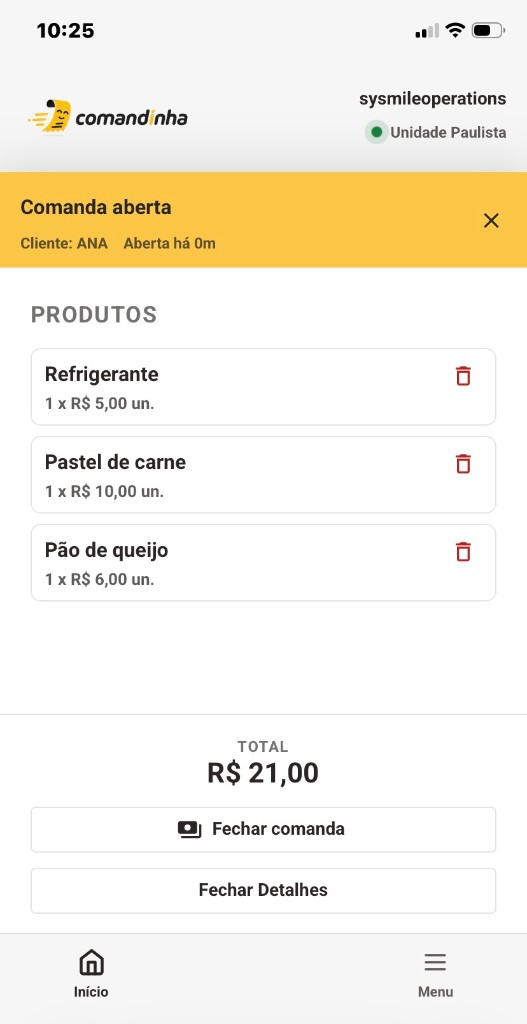 Comanda aberta com itens, total e fechamento