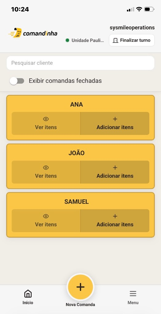 Lista de comandas abertas com clientes e ações rápidas